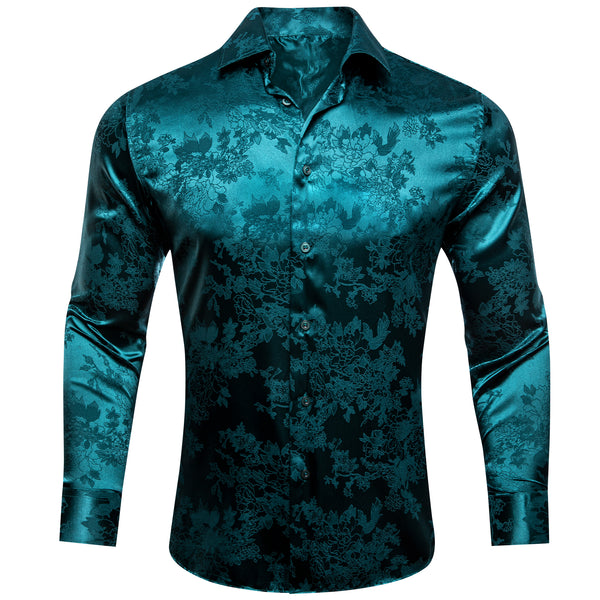Blue Green Floral Silk Men's Long Sleeve Shirt
