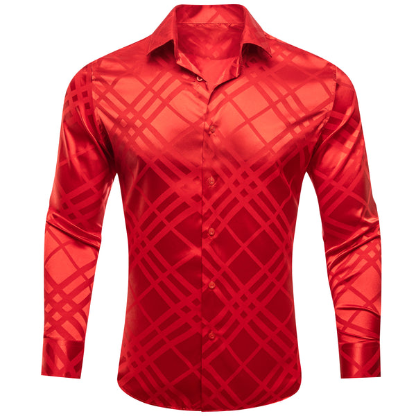 Red Plaid Silk Men's Long Sleeve Shirt