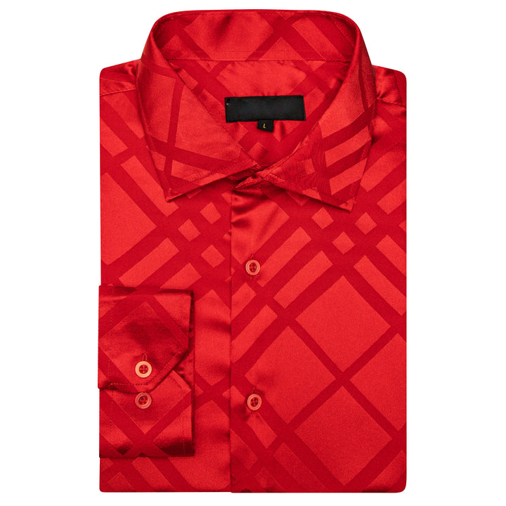 Red Plaid Silk Men's Long Sleeve Shirt