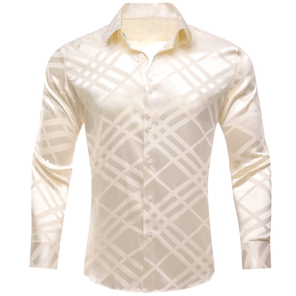 Beige Plaid Silk Men's Long Sleeve Shirt