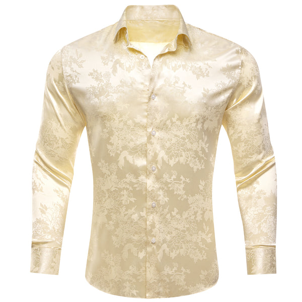 Light Yellow Floral Silk Men's Long Sleeve Shirt