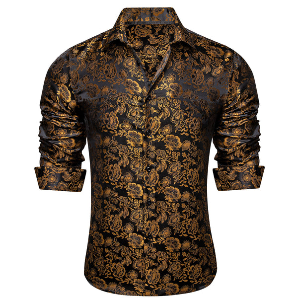 Ties2you Gold Mens Shirt Floral Silk Long Sleeve Button Down Shirt Casual