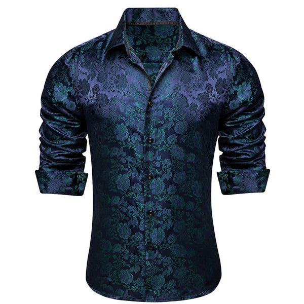 Ties2you Mens Button Down Shirt Long Sleeve Navy Blue Floral Dress Shirt for Business