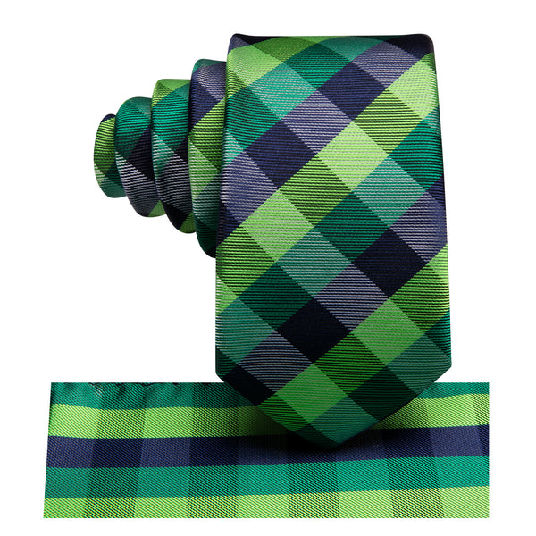 Green Black Plaid Silk Children's Necktie Pocket Square Set
