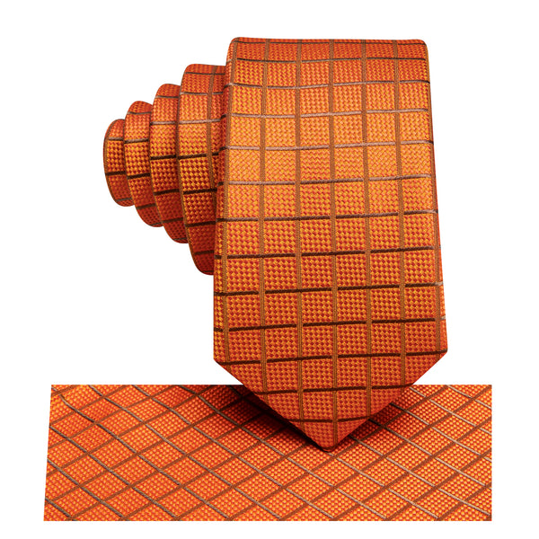 Orange Brown Plaid Silk Children's Necktie Pocket Square Set