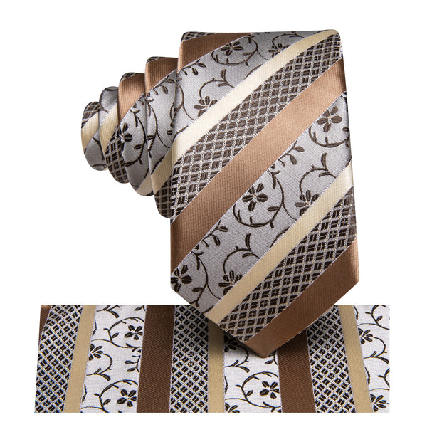 Brown Grey Yellow Striped Silk Children's Necktie Pocket Square Set