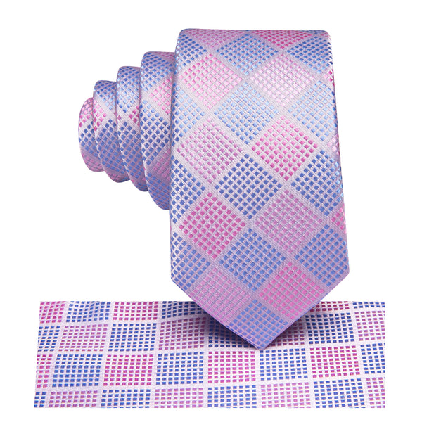 Pink Blue Plaid Silk Children's Necktie Pocket Square Set