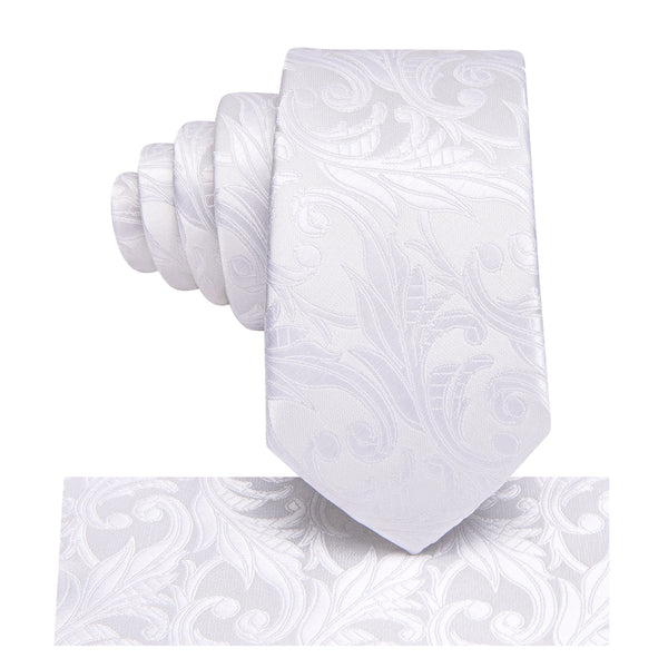 White Floral Leaf Silk Children's Necktie Pocket Square Set
