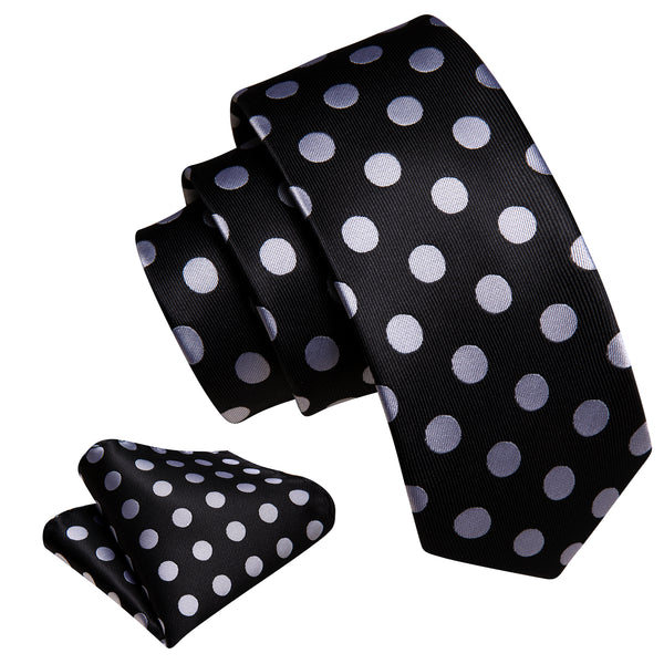 Black White Polka Dot Silk Children's Necktie Pocket Square Set