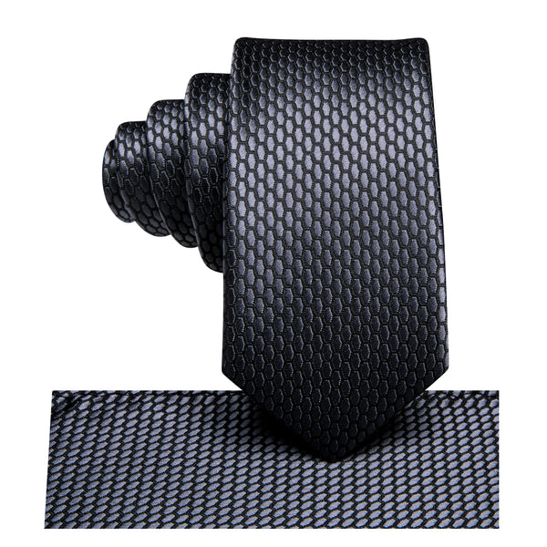 Grey Black Geometric Silk Children's Necktie Pocket Square Set