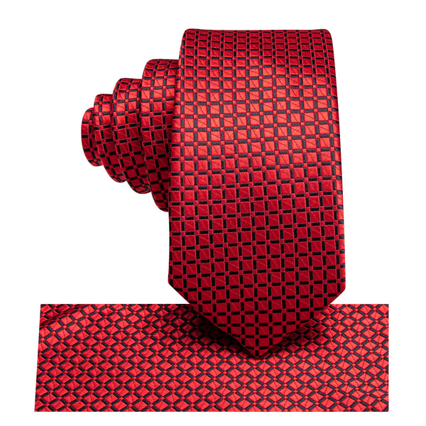 Red Black Plaid Silk Children's Necktie Pocket Square Set