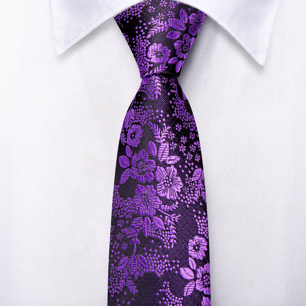 Black Amethyst Purple Floral Silk Children's Necktie Pocket Square Set