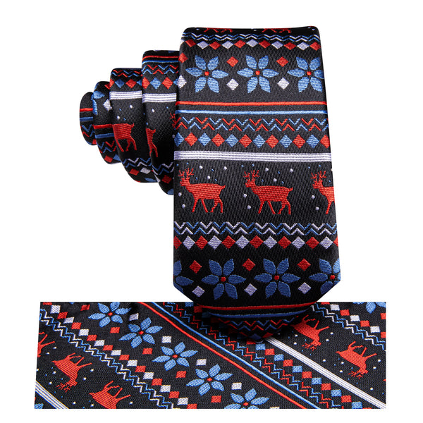 Red Blue White Snowflake Deer Silk Children's Necktie Pocket Square Set
