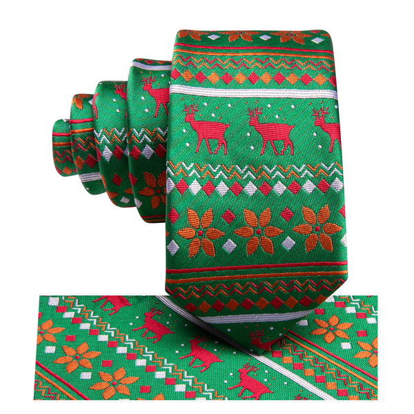 Green Red Christmas Deer Silk Children's Necktie Pocket Square Set