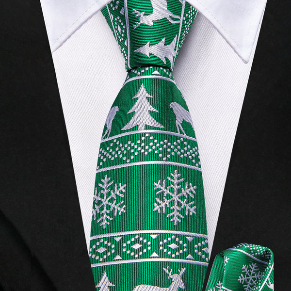 Green White Snow Christmas Deer Silk Children's Necktie Pocket Square Set