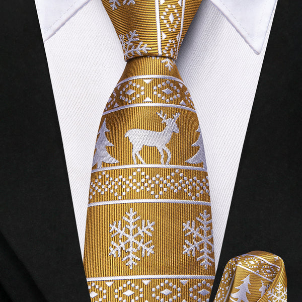 GoldEnrod White Snow Christmas Deer Silk Children's Necktie Pocket Square Set