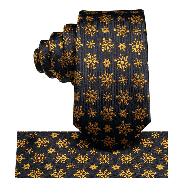 Gold Black Snowflake Silk Children's Necktie Pocket Square Set
