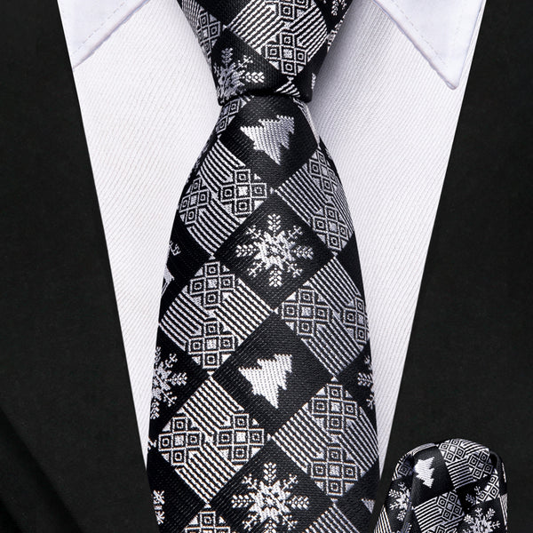 Grey Black Snow Christmas Silk Children's Necktie Pocket Square Set