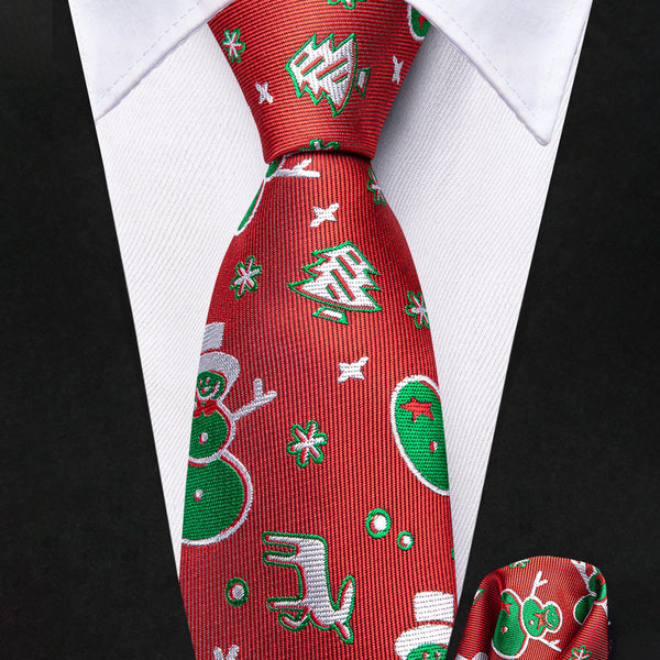 Red Green Christmas SnowMan Silk Children's Necktie Pocket Square Set