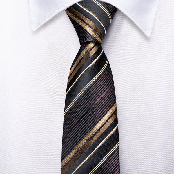 Black Pecan Brown Striped Silk Children's Necktie Pocket Square Set