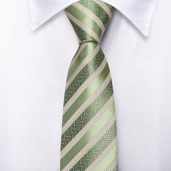 Ties2you Kids Tie Sage Green Linen White Line Striped Silk Children's Necktie Pocket Square Set