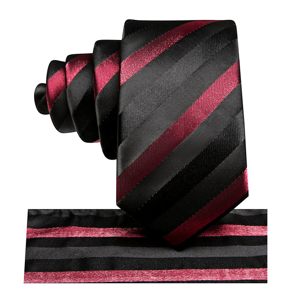 Red Black Striped Silk Children's Necktie Pocket Square Set