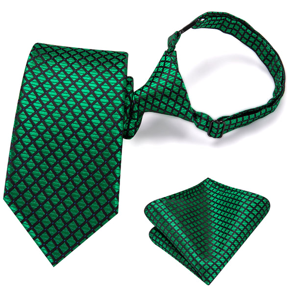 Green Black Plaid Silk Children's Pre-tied Necktie Pocket Square Set
