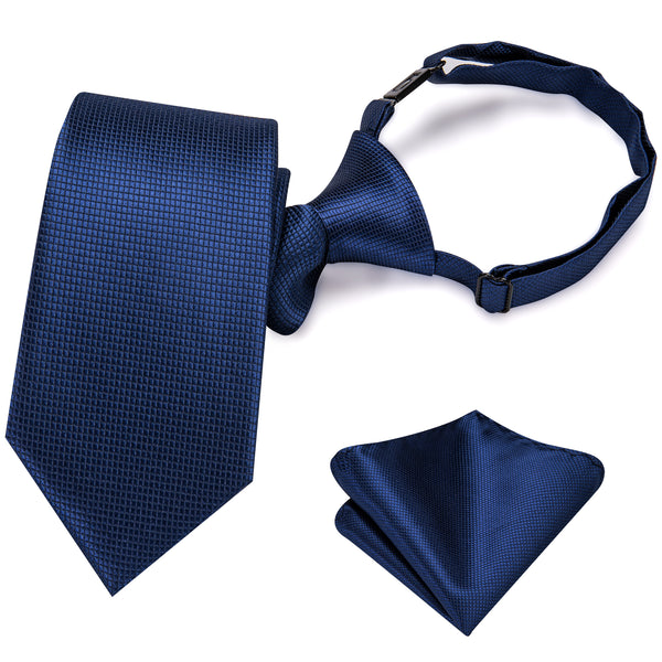 Navy Blue Plaid Silk Children's Pre-tied Necktie Pocket Square Set