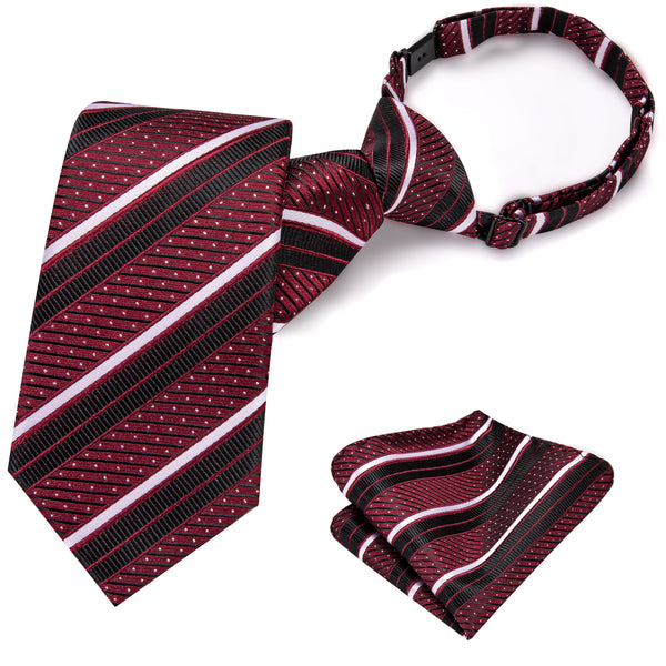 Darkred Pink Striped Silk Children's Pre-tied Necktie Pocket Square Set