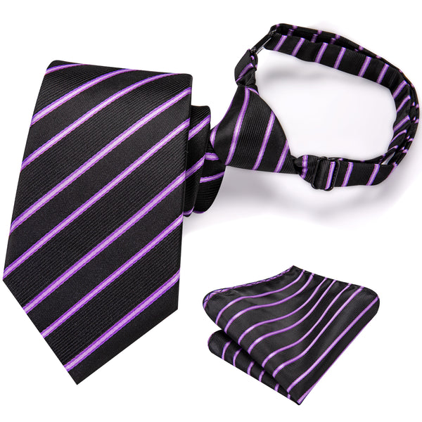 Black Purple Striped Silk Children's Pre-tied Necktie Pocket Square Set