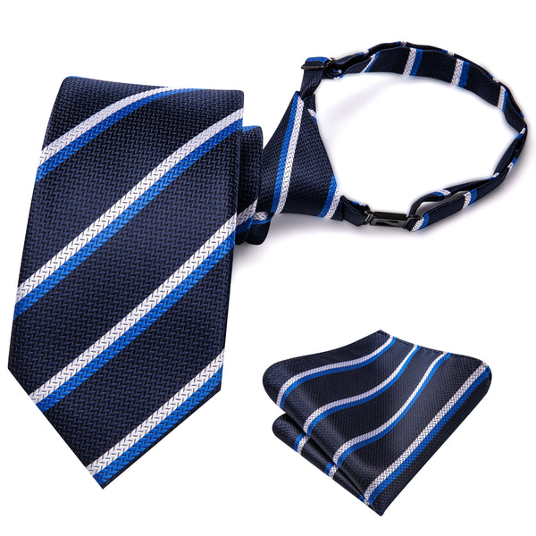 Navy Blue White Striped Silk Children's Pre-tied Necktie Pocket Square Set