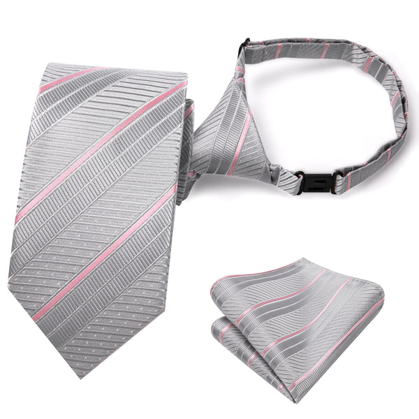 Grey Pink Striped Silk Children's Pre-tied Necktie Pocket Square Set