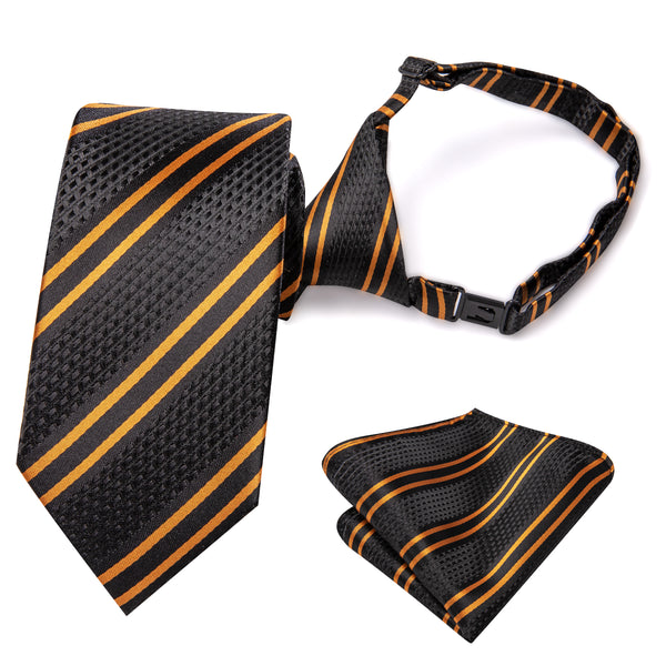 Black Golden Striped Silk Pre-tied Children's Necktie Pocket Square Set