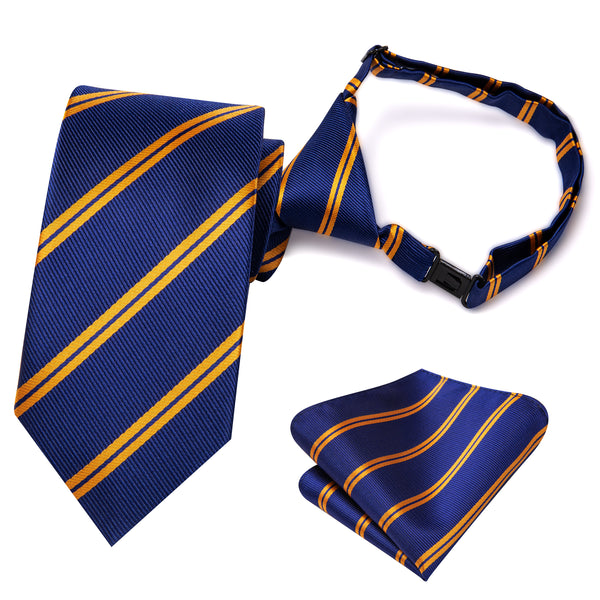 Navy Blue Golden Striped Silk Children's Pre-tied Necktie Pocket Square Set