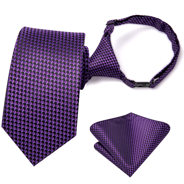 Purple Geometric Silk Children's Pre-tied Necktie Pocket Square Set