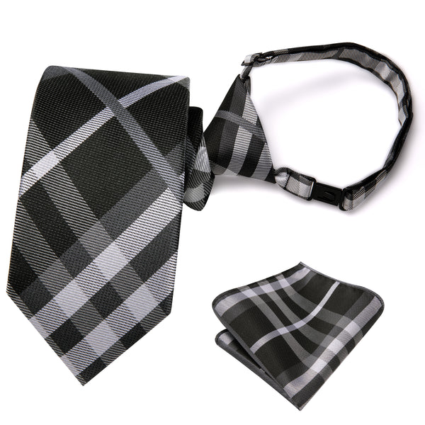 Black Grey Plaid Silk Children's Pre-tied Necktie Pocket Square Set