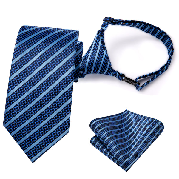 Navy Blue Striped Silk Children's Pre-tied Necktie Pocket Square Set