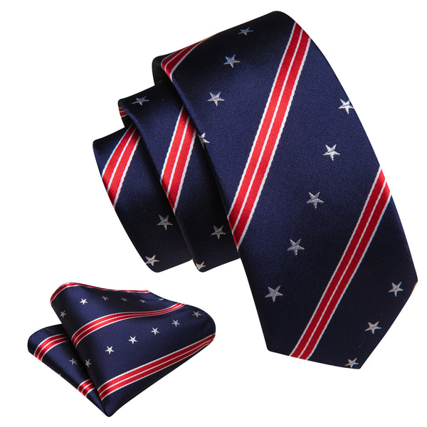 Navy Blue Red Star Striped Silk Children's Necktie Pocket Square Set