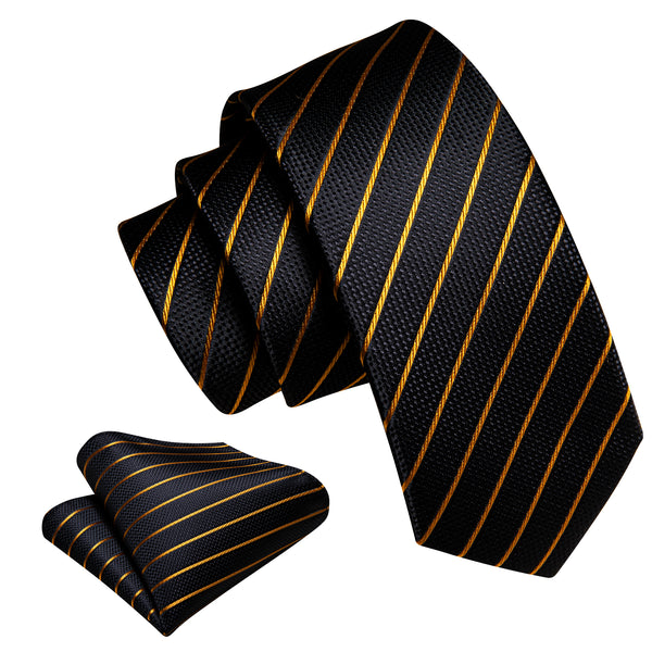Ties2you Black Tie Gold Striped Silk Children's Necktie Pocket Square Set