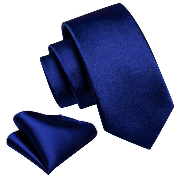 Navy Blue Solid Satin Silk Children's Necktie Pocket Square Set