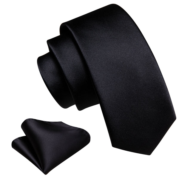 Black Solid Silk Children's Necktie Pocket Square Set
