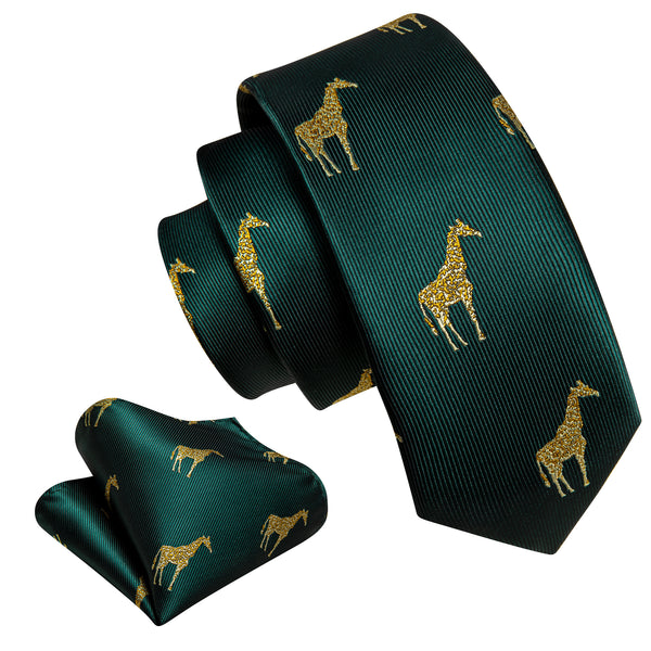 Dark Green Gold Novelty Giraffe Silk Children's Necktie Pocket Square Set
