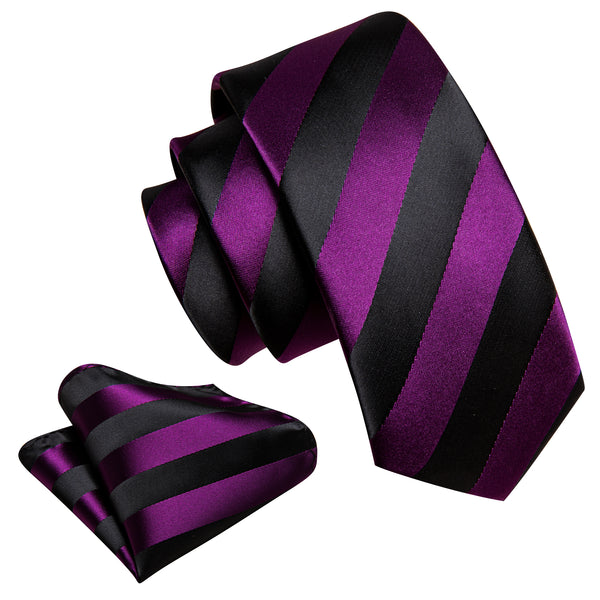 Purple Black Striped Silk Children's Necktie Pocket Square Set