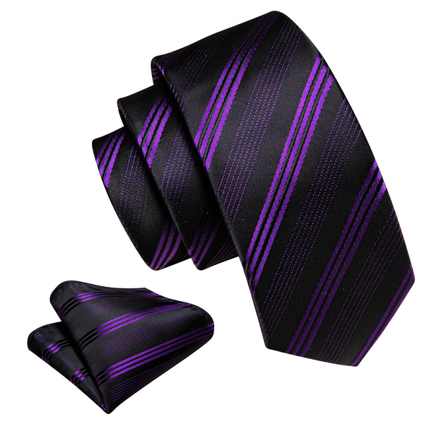 Black Purple Striped Silk Children's Necktie Pocket Square Set
