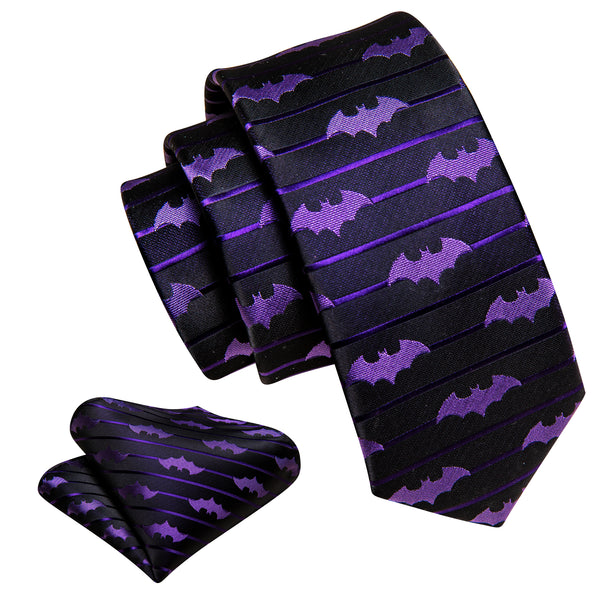 Black Purple Bat Pattern Striped Silk Children's Necktie Pocket Square Set