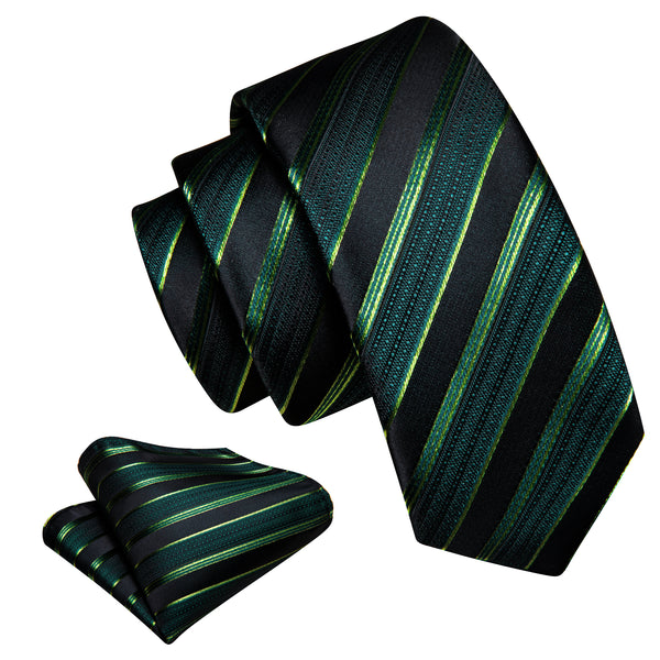Black Green Striped Silk Children's Necktie Pocket Square Set
