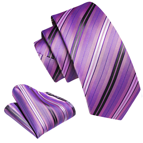 Purple White Black Striped Silk Children's Necktie Pocket Square Set