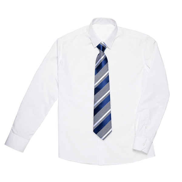 Navy Blue Grey Striped Silk Children's Pre-tied Necktie Pocket Square Set