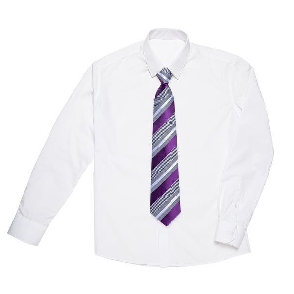 Purple Grey Striped Silk Children's Pre-tied Necktie Pocket Square Set