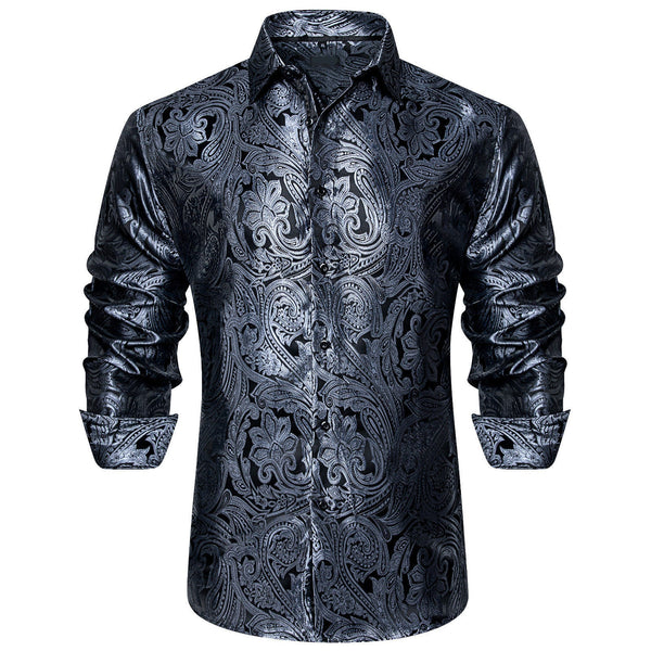 Ties2you Mens Charcoal Grey Shirt Paisley Button Down Long Sleeve Shirt for Party